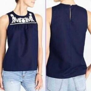 J CREW Embroidered Cotton Linen Shell Tank Navy Blue Size 4